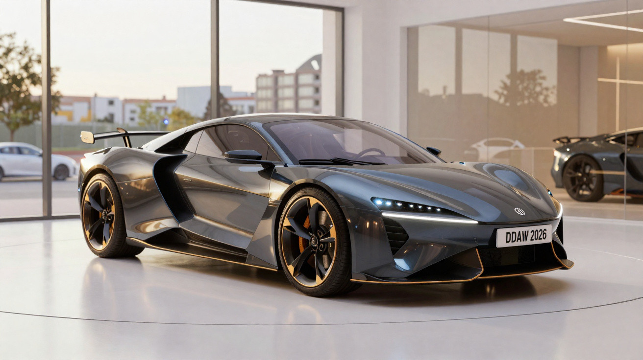 Carro desportivo elétrico cinza metálico numa sala com grandes janelas e iluminação natural suave.