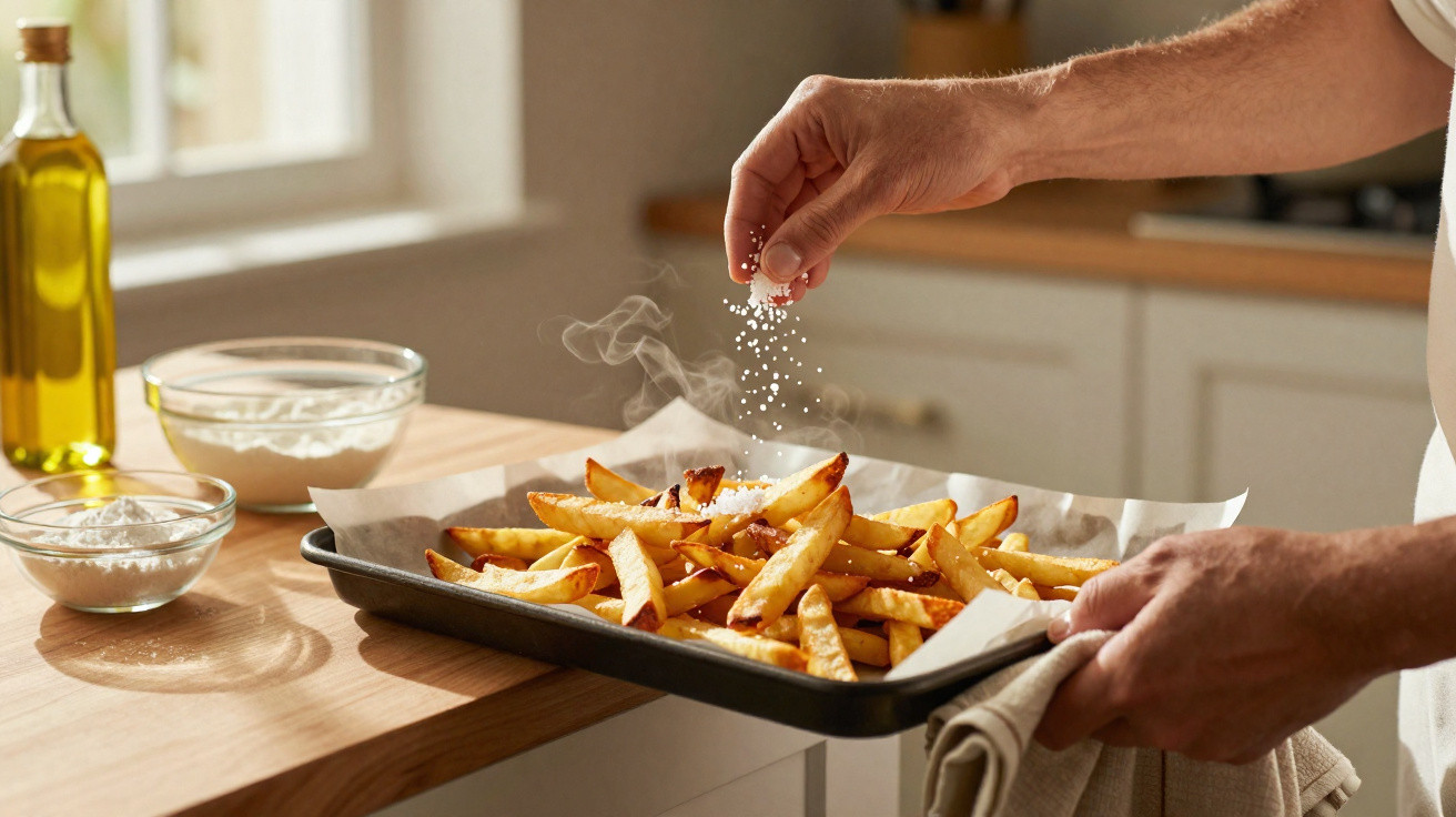 Mãos a temperar batatas fritas quentes com sal numa travessa numa cozinha com azeite e ingredientes ao fundo.