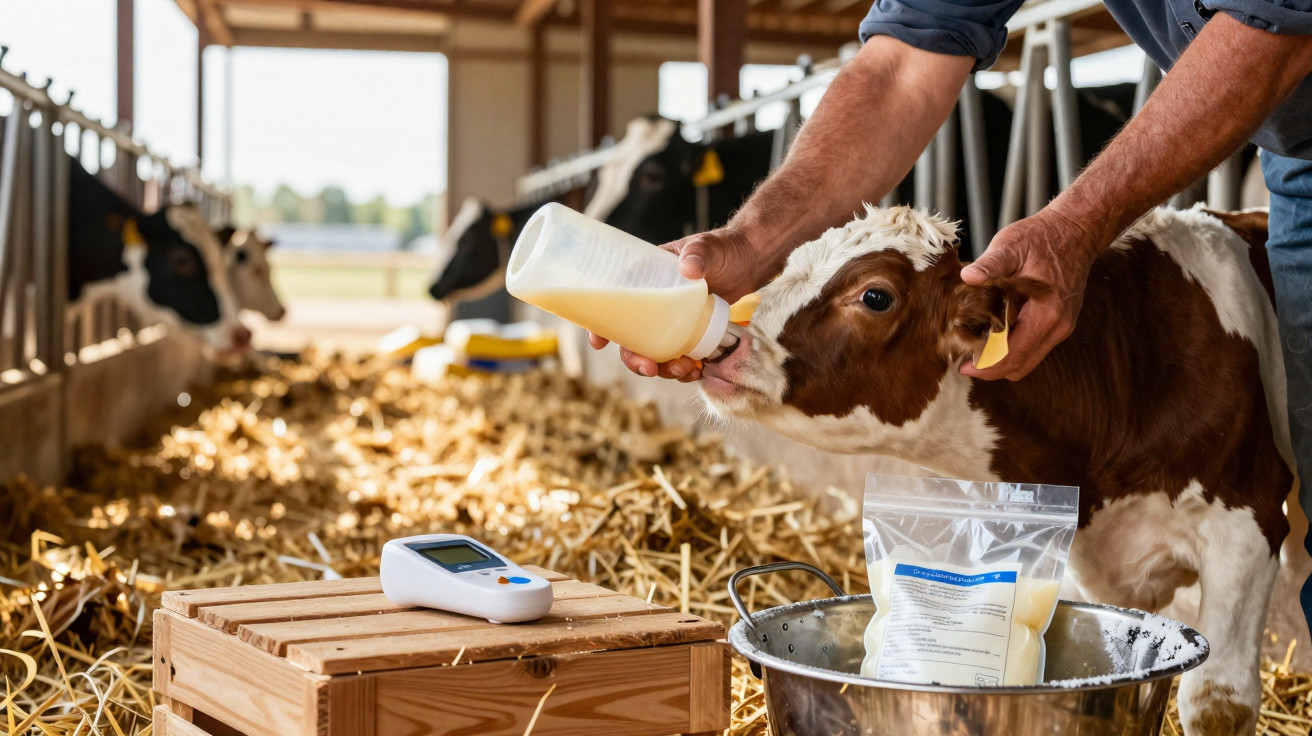 Bebé vaca a ser alimentada com biberão por pessoa numa quinta coberta com palha no chão.