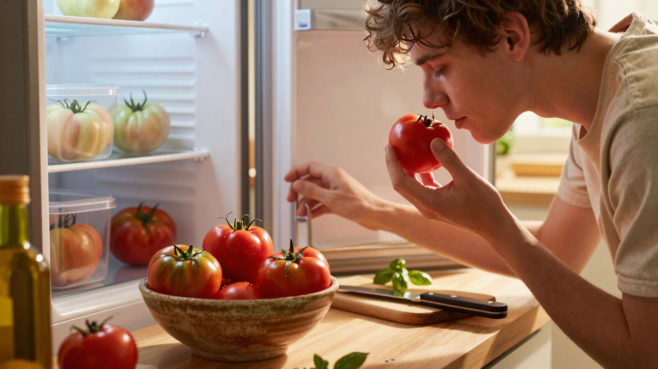 Homem a cheirar um tomate junto a uma bancada cheia de tomates e um frigorífico aberto com mais tomates.