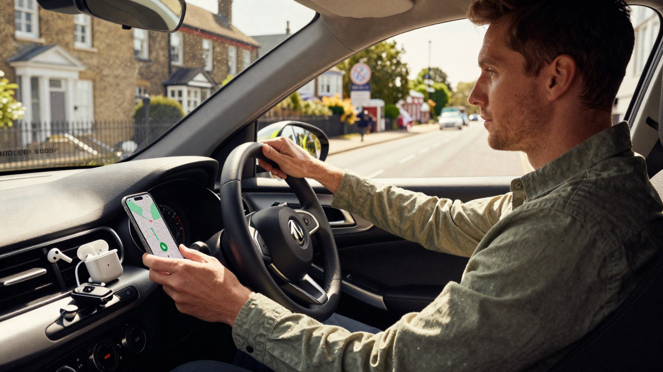 Homem sentado ao volante de carro a usar aplicação de mapas no telemóvel.