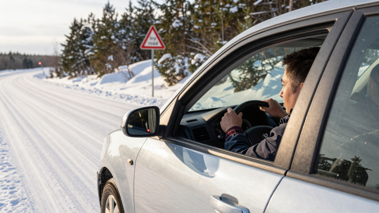 Homem a conduzir carro branco numa estrada coberta de neve com árvores e sinal de trânsito ao fundo.