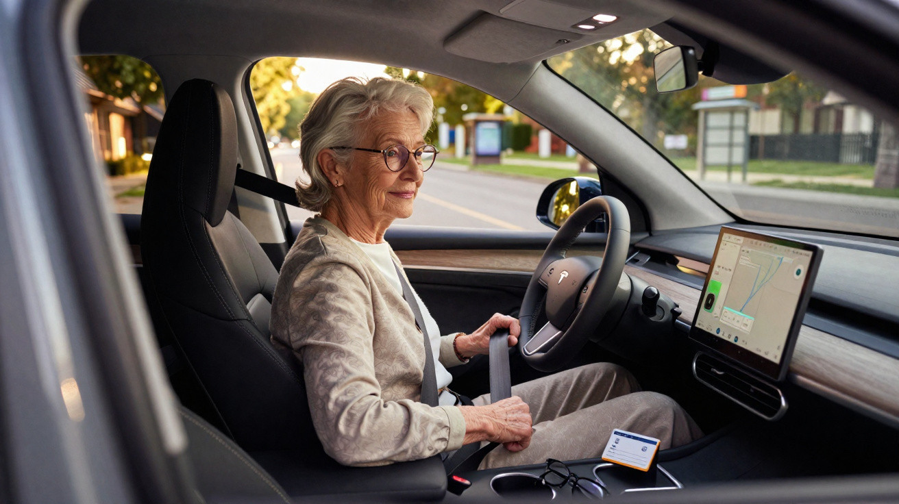 Mulher idosa com óculos a conduzir carro, com GPS visível no painel.