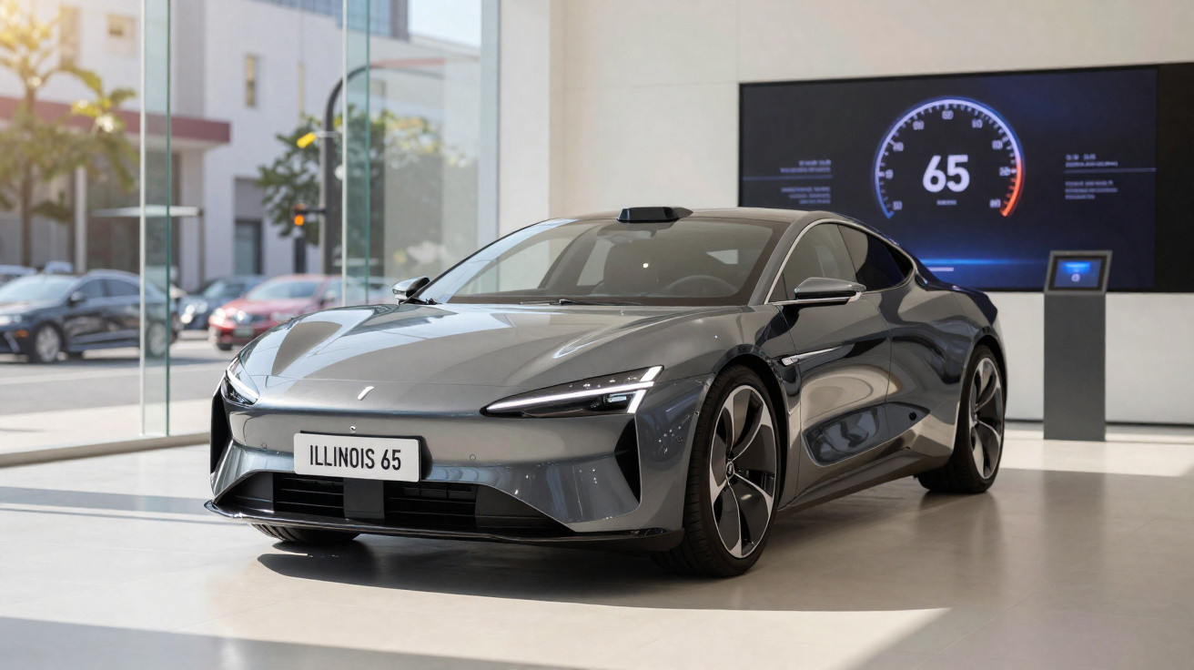 Carro desportivo cinzento num showroom moderno com indicador digital de velocidade a 65 km/h.