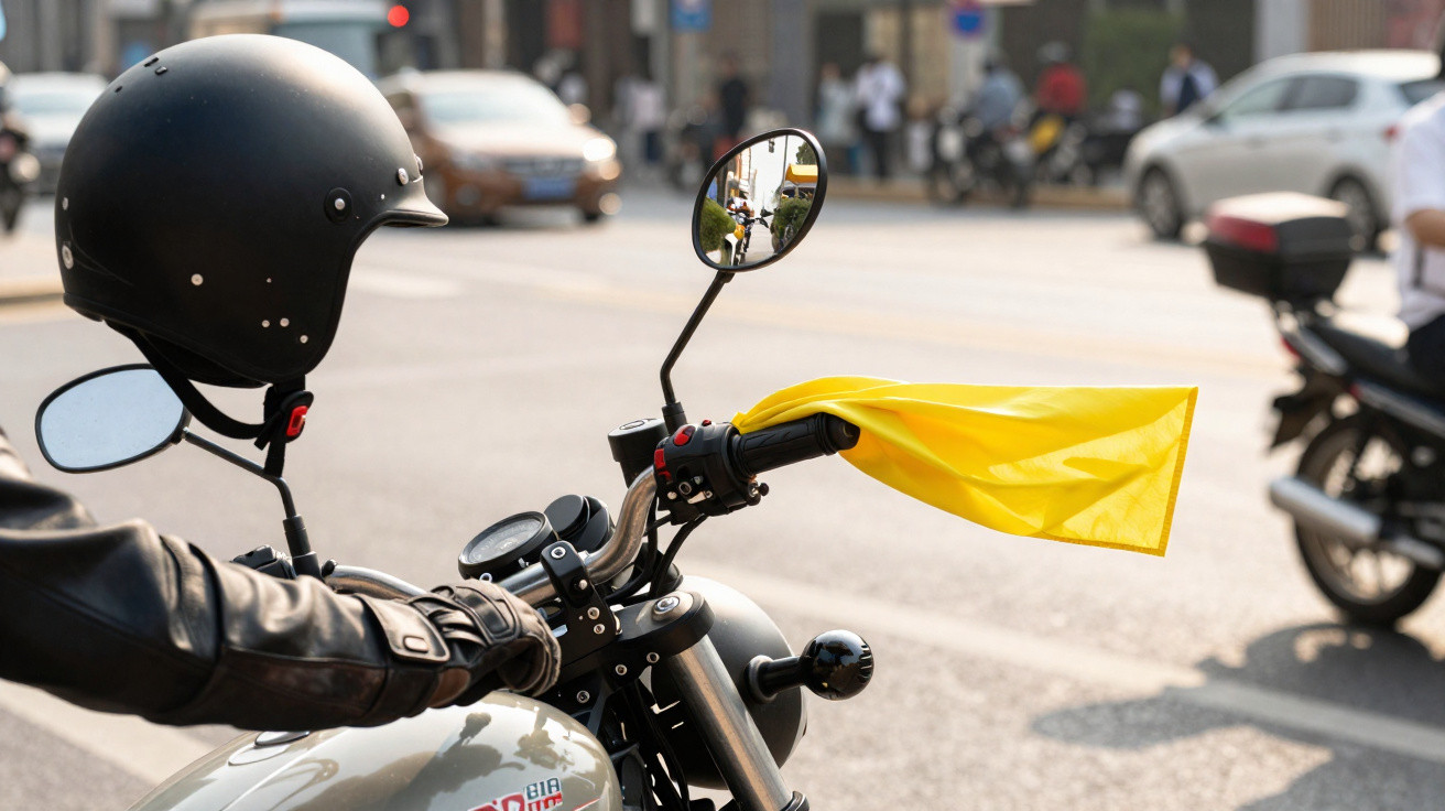 Motociclista com capacete preto e lenço amarelo no guiador numa estrada movimentada.