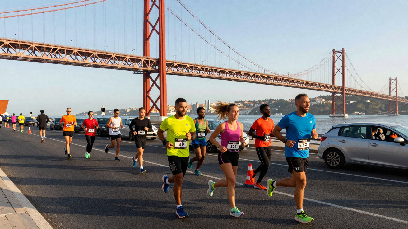 Grupo de corredores participa numa prova junto ao rio com a ponte 25 de Abril ao fundo, em Lisboa.