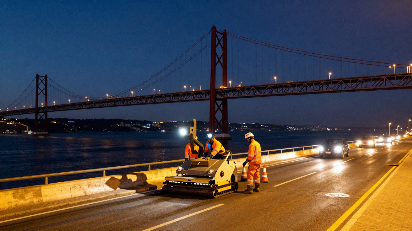Trabalhadores em coletes refletores operam máquina de pavimentação na estrada junto à ponte iluminada ao anoitecer.