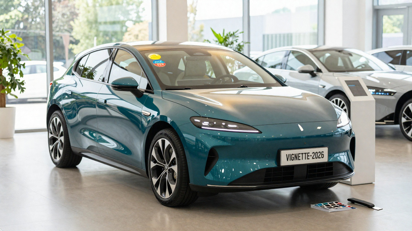 Carro elétrico azul brilhante exposto numa sala de showroom moderna com vidro e outras viaturas ao fundo.