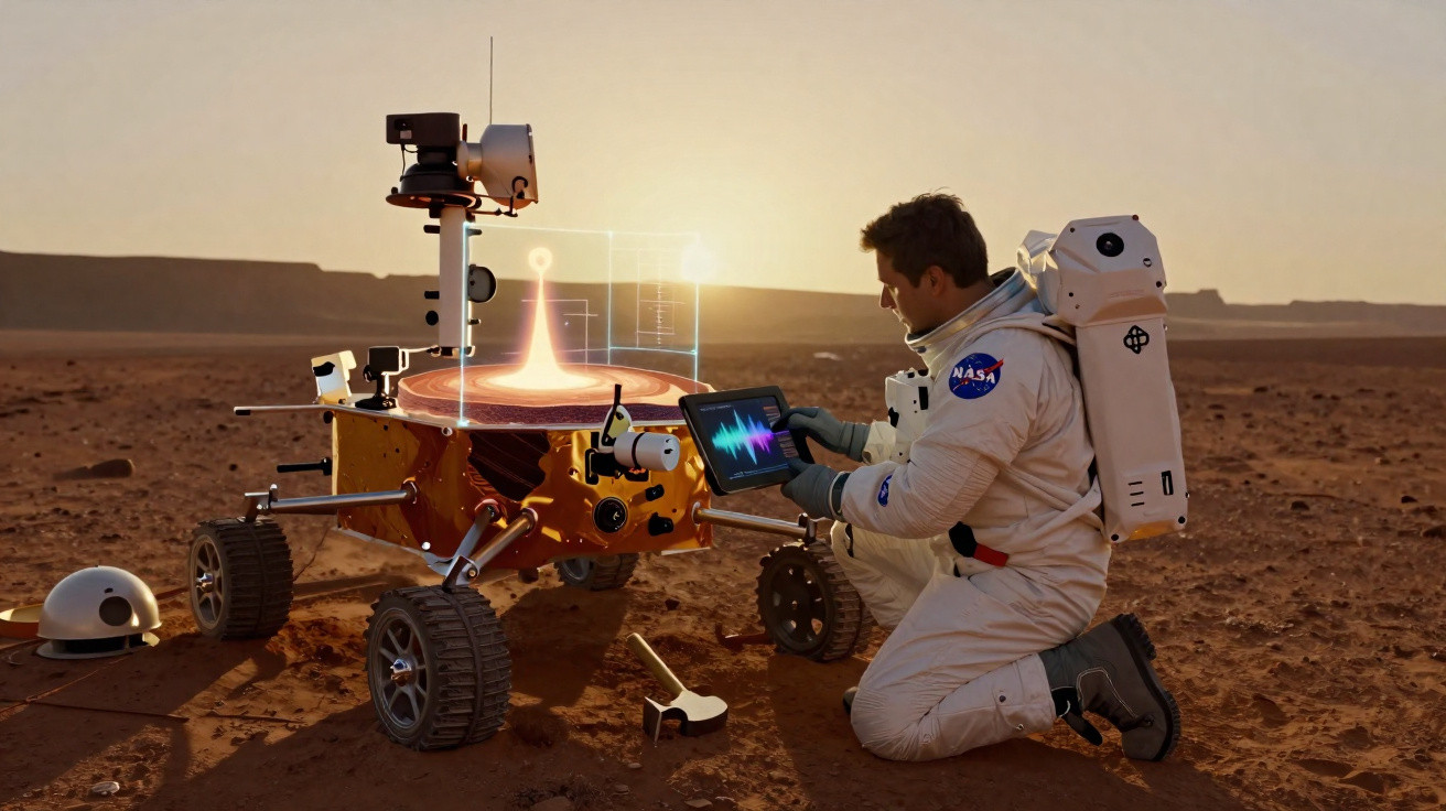 Astronauta da NASA a analisar dados num tablet ao lado de rover com equipamento futurista em terreno árido.