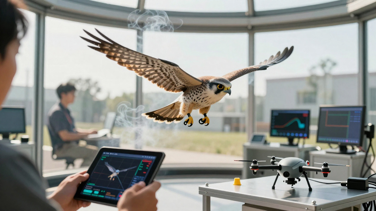 Falcão em voo dentro de laboratório com pessoa a controlar drone num tablet e gráficos em monitores.