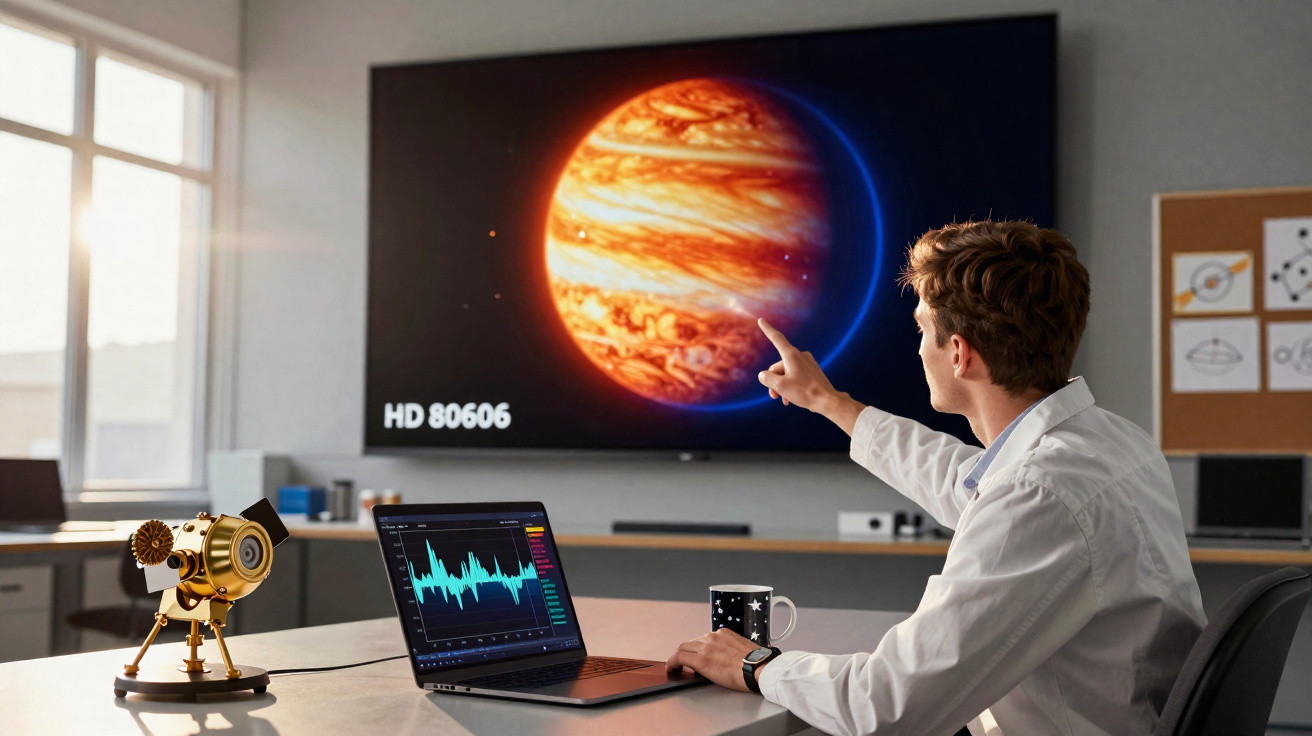 Homem sentado aponta para imagem do planeta HD80606 em ecrã enquanto usa portátil com gráfico de dados.