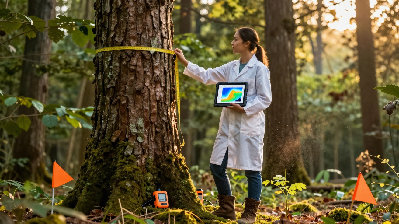 Cientista com bata branca mede árvore na floresta usando tablet e fita métrica ao pôr do sol.