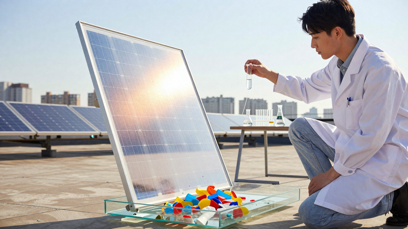 Mulher de bata branca realiza experimento com água e cubos coloridos numa placa solar ao ar livre.