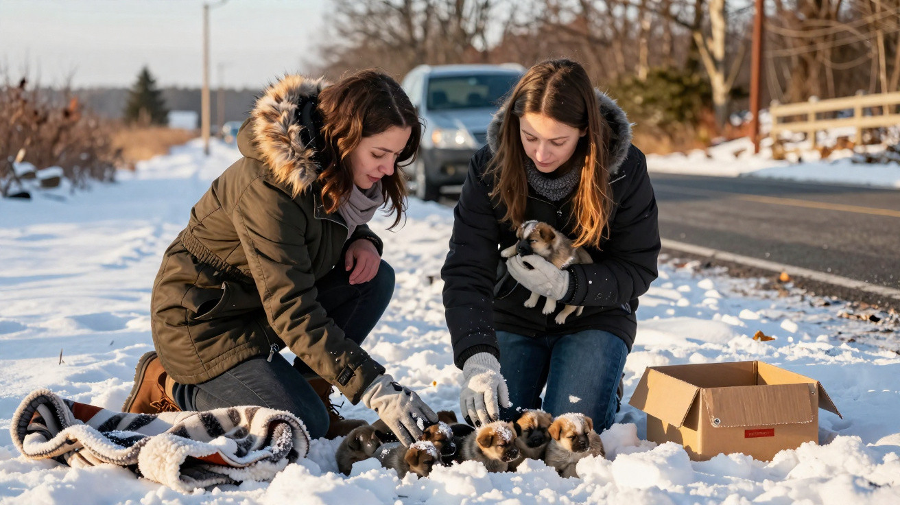 Casal ajoelhado na neve com uma caixa e vários cachorros, um deles é segurado pelo homem.