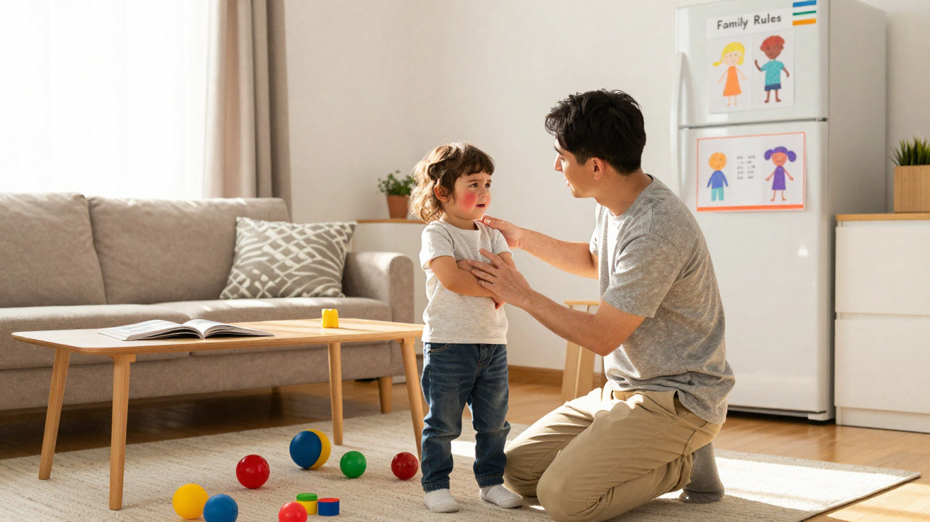 Pai a conversar com filho pequeno junto a uma lista de regras familiares numa parede da sala.