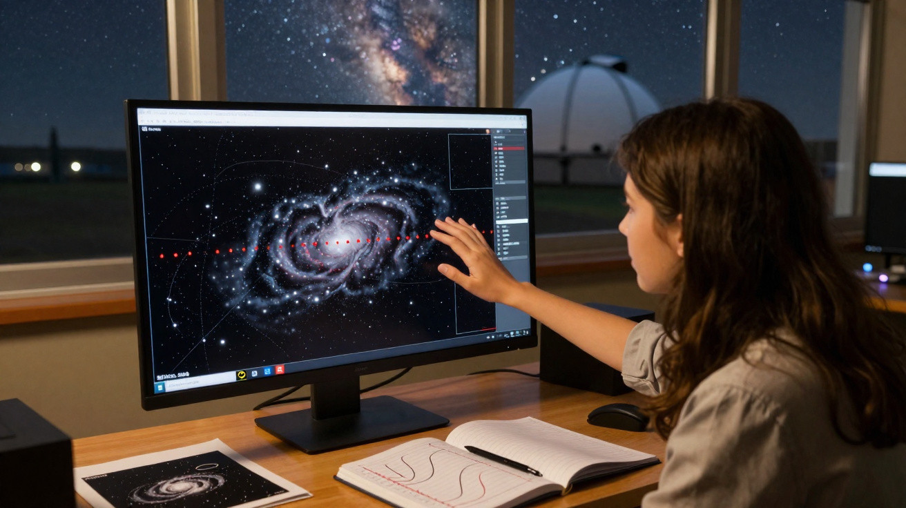 Mulher a analisar imagem de galáxia no monitor com observatório e céu estrelado ao fundo.