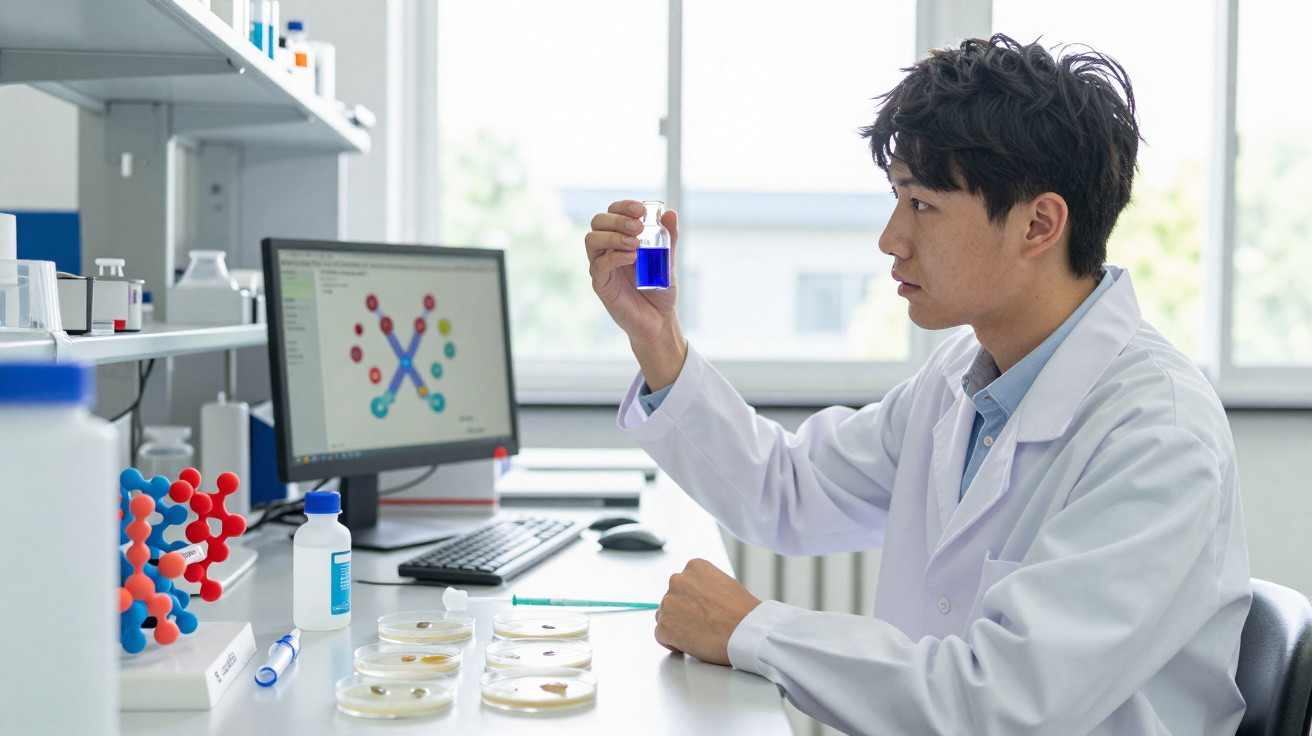 Cientista jovem em bata branca analisa frasco com líquido azul num laboratório moderno com equipamento científico.