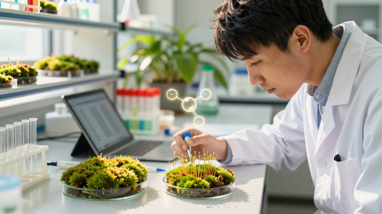 Cientista analisa plantas em placas de Petri num laboratório com equipamento moderno e digital.