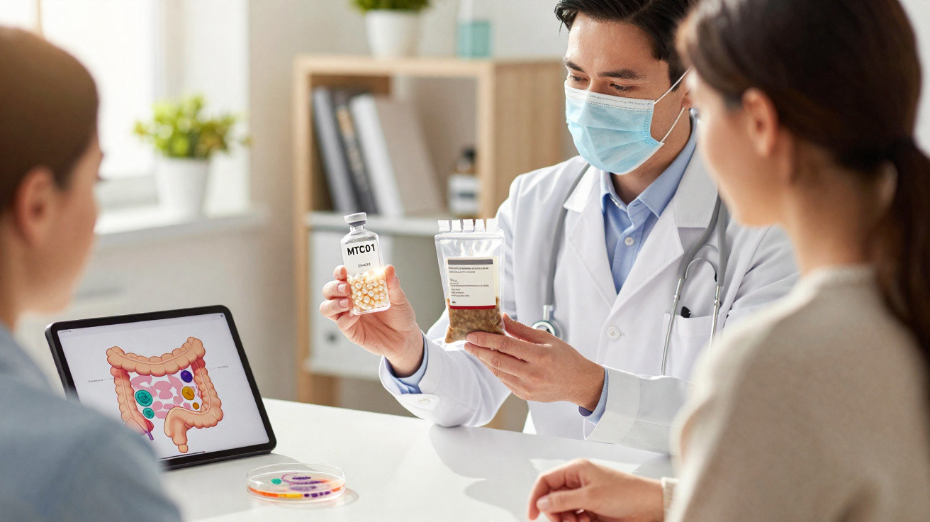 Médico mostra amostras de medicamento a dois pacientes, com imagem de intestino num tablet à mesa.