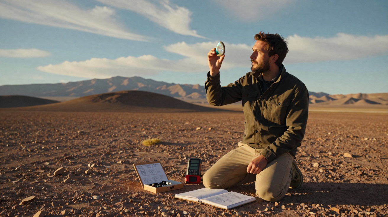 Homem ajoelhado no deserto analisa cristal verde com caderno aberto e caixa de amostras ao lado.