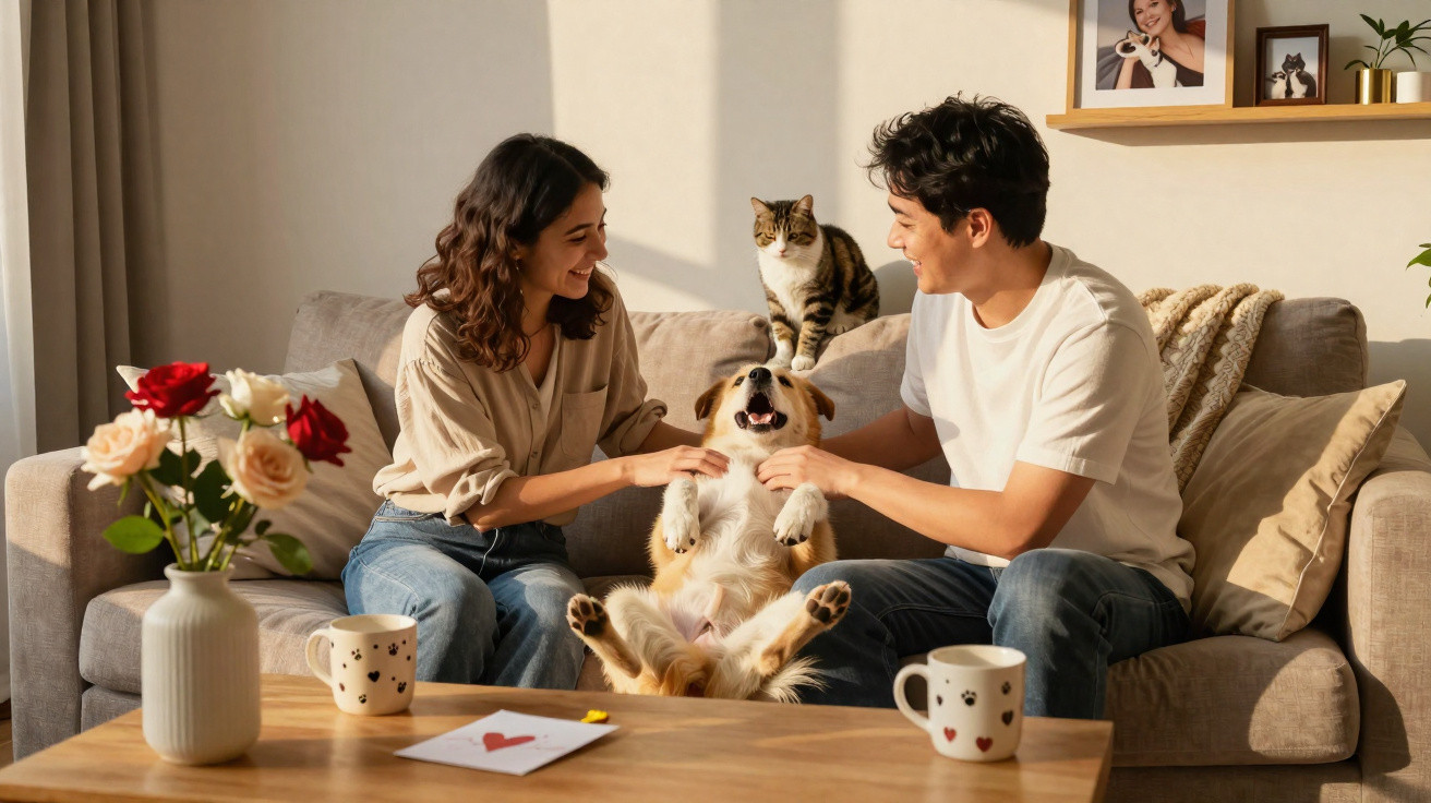 Casal sentado no sofá a brincar com o cão enquanto um gato observa ao fundo numa sala acolhedora.