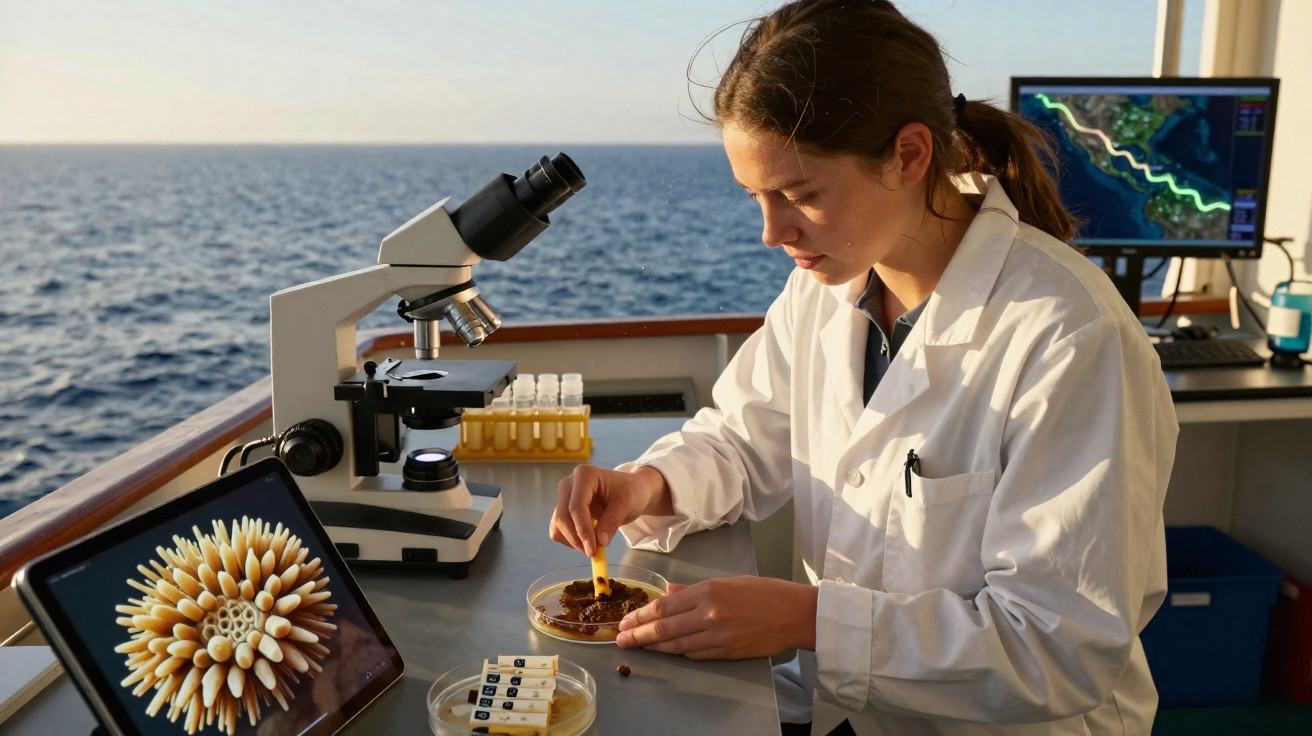 Mulher cientista analisa amostra numa placa de Petri num laboratório a bordo de um barco no mar.