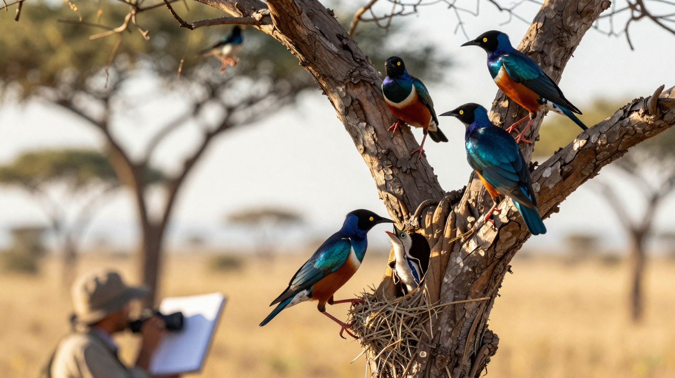 Pássaros coloridos em árvore alimentam filhotes no ninho enquanto pessoa observa com caderno na savana.