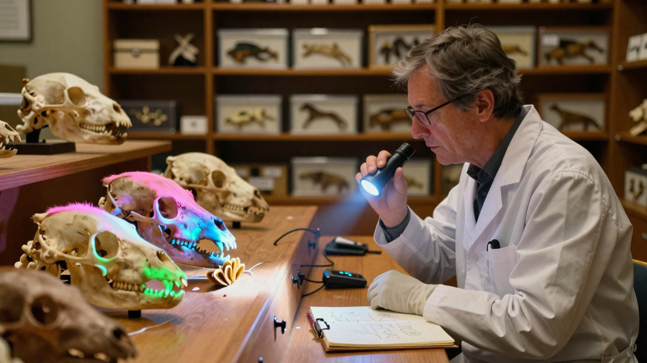 Homem com luvas examina com lanterna crânios de animais coloridos numa biblioteca de museu.