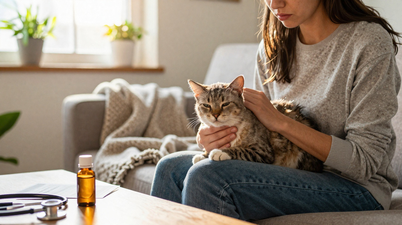 Mulher sentada no sofá a acarinhar um gato com medicamentos e estetoscópio numa mesa à frente.