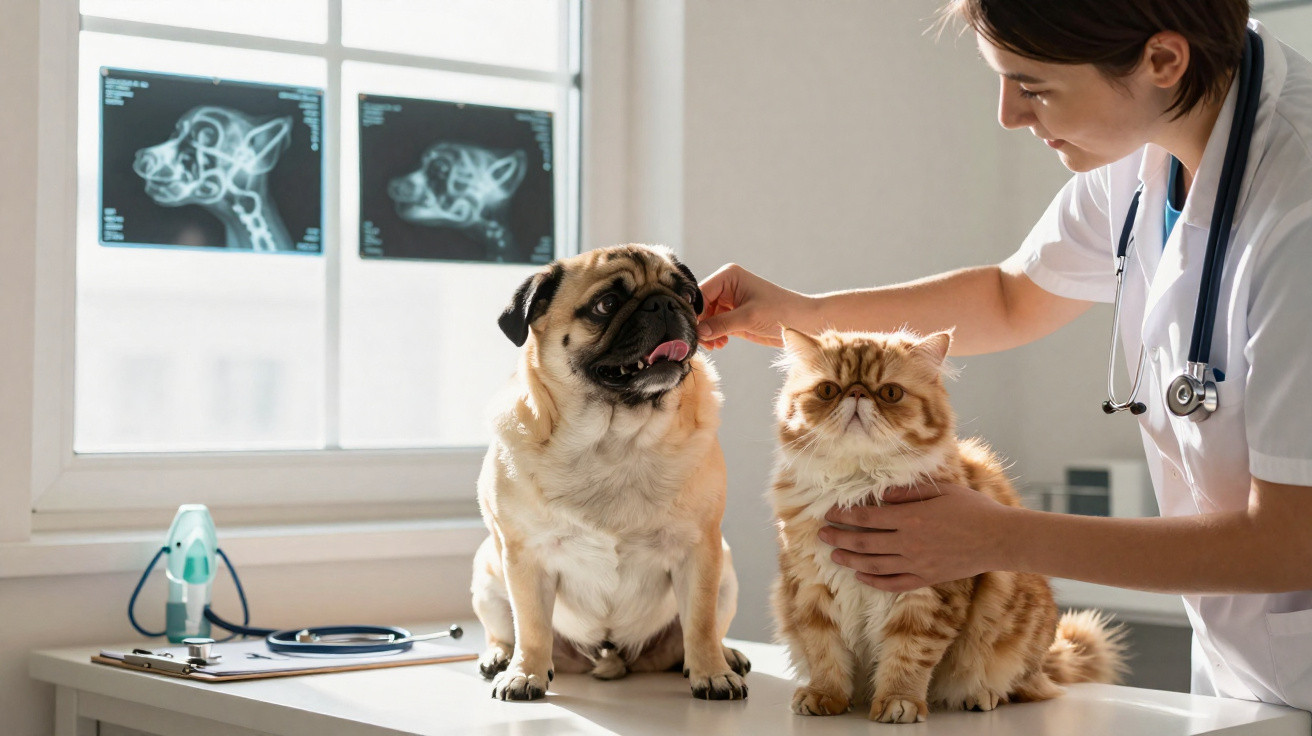 Veterinária sorridente examina cão e gato no consultório com raios-x ao fundo.