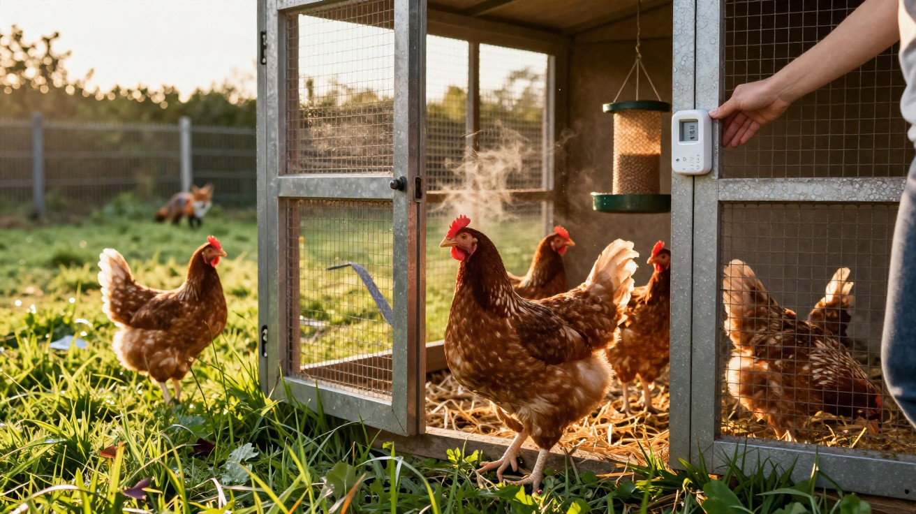 Galinha dentro de um pequeno galinheiro em madeira e rede metálica num campo ao pôr do sol.