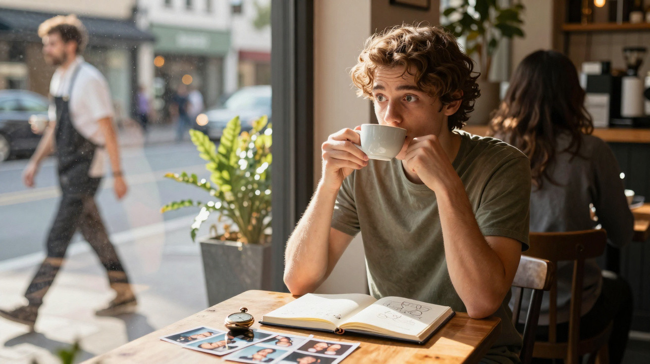 Homem sentado numa cafetaria a beber café, com fotografias e bloco de notas à sua frente.
