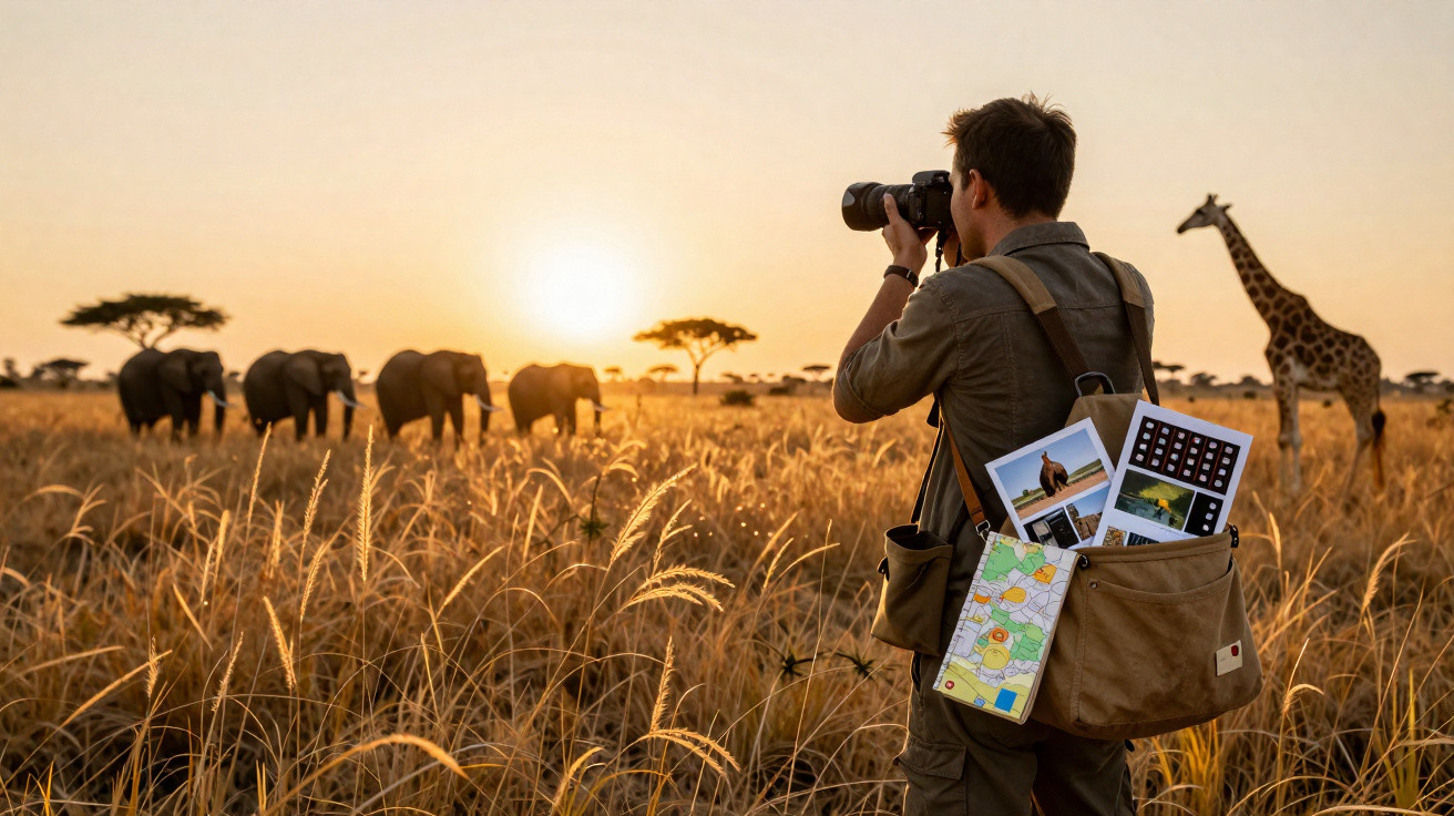 Fotógrafo a tirar fotos de elefantes e uma girafa ao pôr do sol numa savana com relva alta.