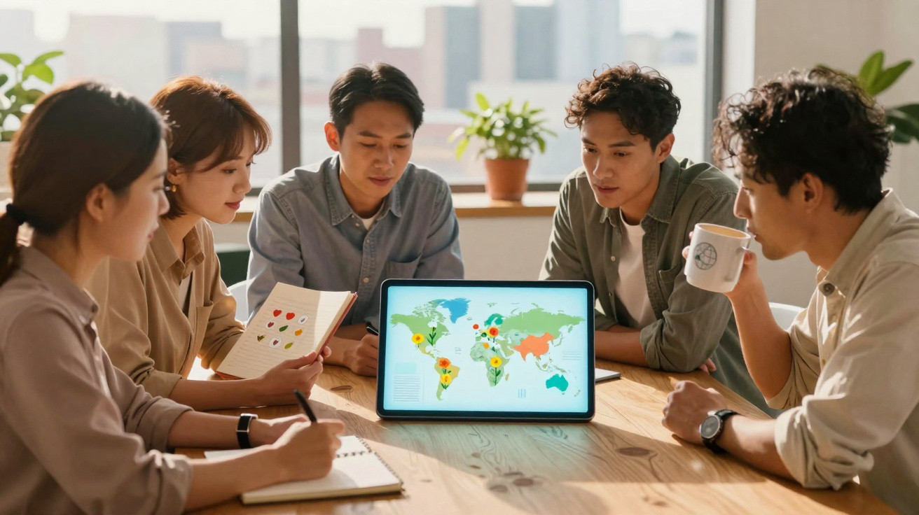 Quatro pessoas discutem um mapa digital num tablet durante uma reunião numa sala iluminada por luz natural.