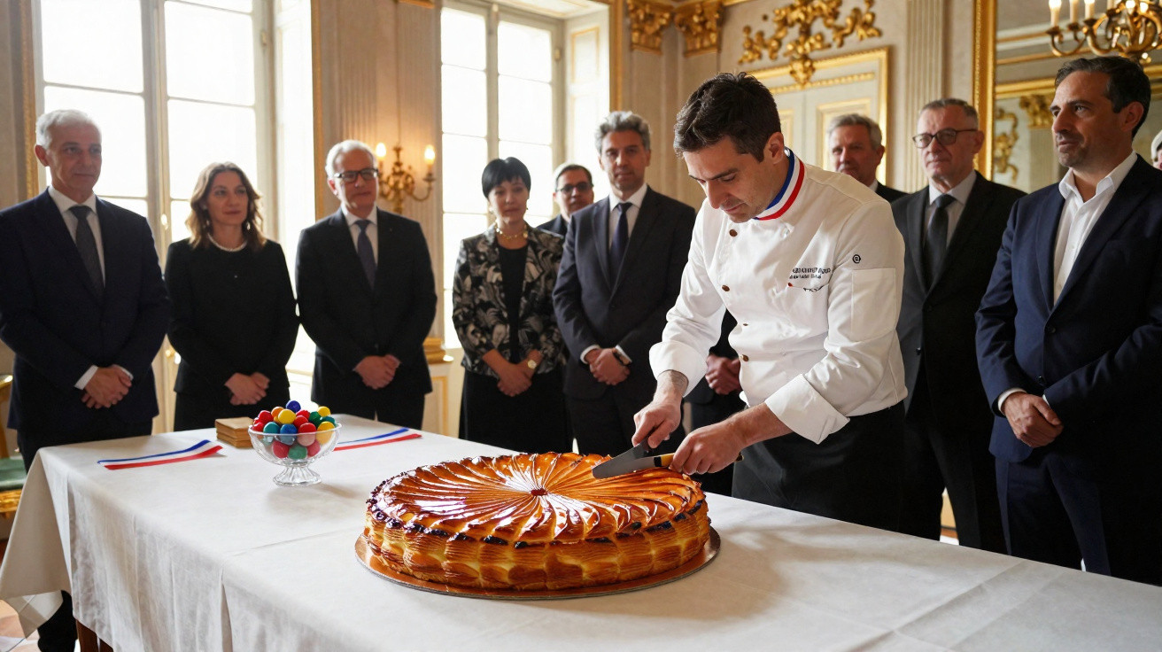 Chefe de cozinha corta bolo grande na mesa enquanto grupo de pessoas observa em sala elegante.