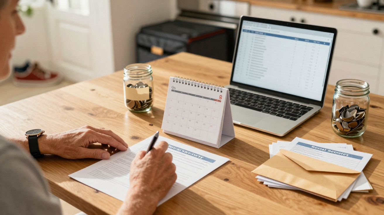 Pessoa a consultar calendário e documentos financeiros numa secretária com computador portátil.
