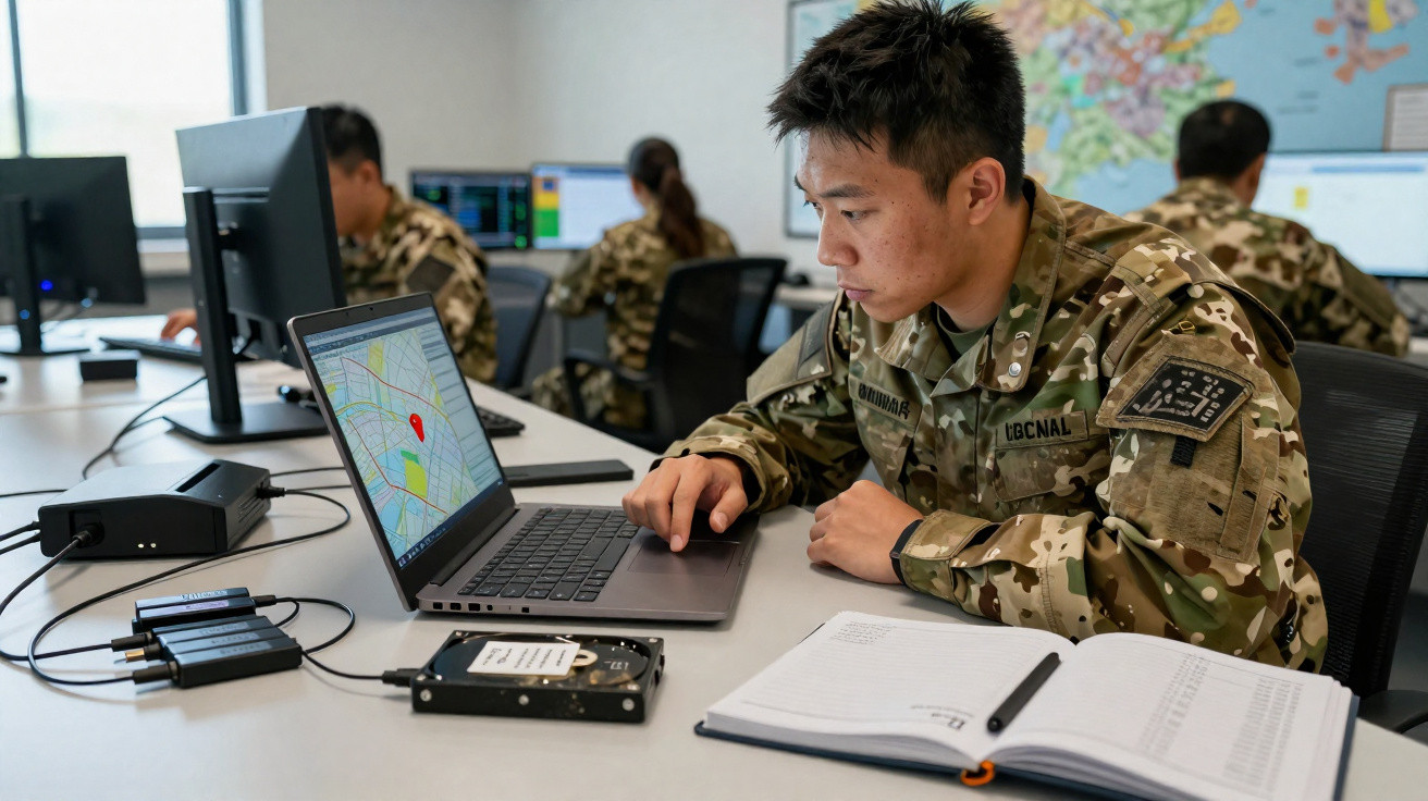 Soldado em uniforme militar a trabalhar num computador portátil com mapa digital numa sala de comando.