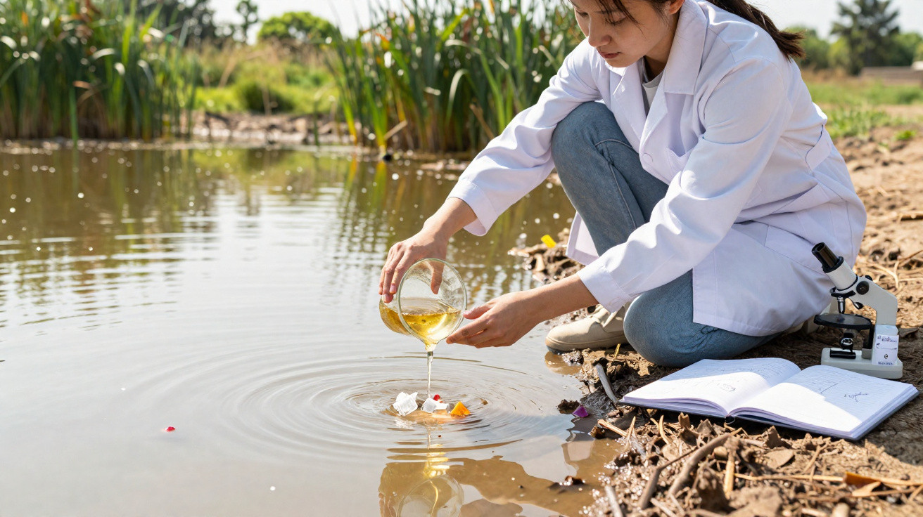 Cientista com bata branca recolhe amostra de água junto a lagoa, com microscópio e caderno ao lado.