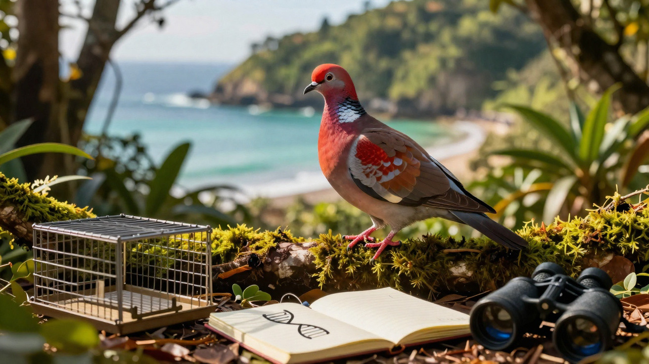 Pombo colorido pousado num tronco com caderno, ratoeira e binóculos contra paisagem costeira.