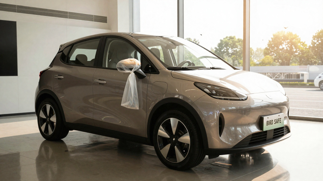 Carro elétrico cinza claro modelo Bird Safe numa loja com janelas grandes ao pôr do sol.