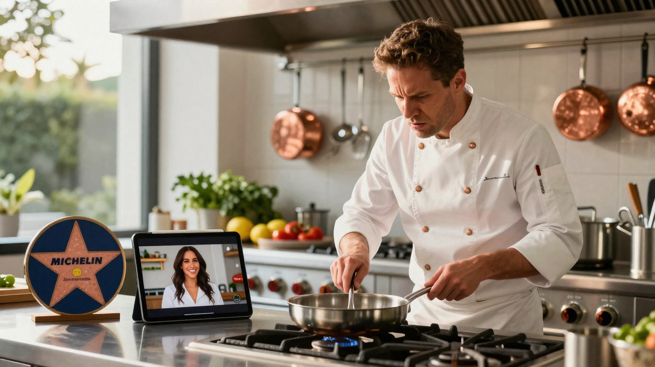 Chef a cozinhar num fogão de cozinha moderna enquanto participa numa videochamada num tablet.