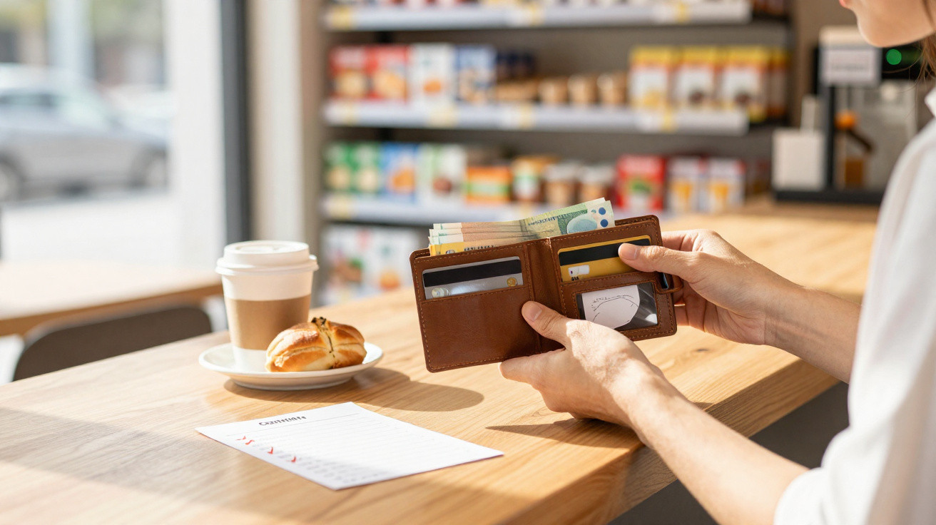 Pessoa a retirar cartão de crédito da carteira num café com café, croissant e conta na mesa.