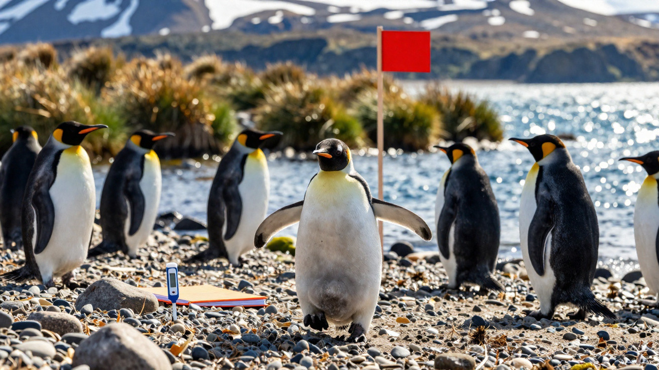Pinguins imperadores na costa rochosa junto a um lago, com montanhas e vegetação ao fundo.