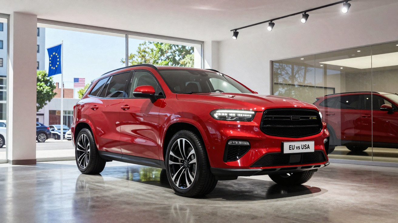 SUV vermelho moderno exibido numa sala de exposição com janelas amplas e reflexos no chão polido.