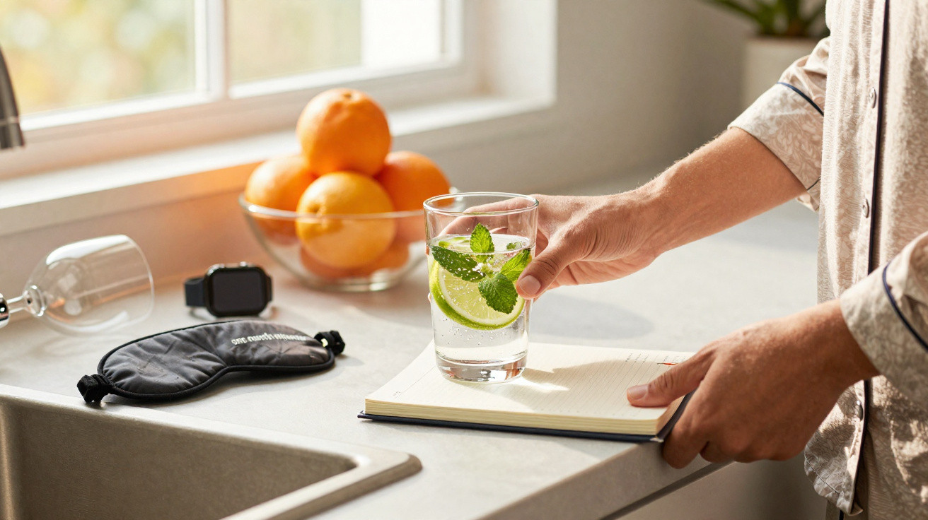 Pessoa a segurar copo de água com limão e hortelã ao lado de caderno, óculos de dormir e fruta numa cozinha iluminada.