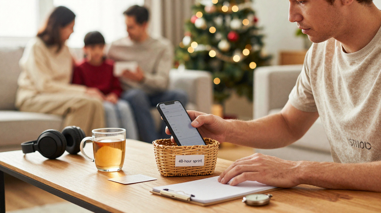 Homem usando telemóvel na mesa de café com família ao fundo junto à árvore de Natal decorada.