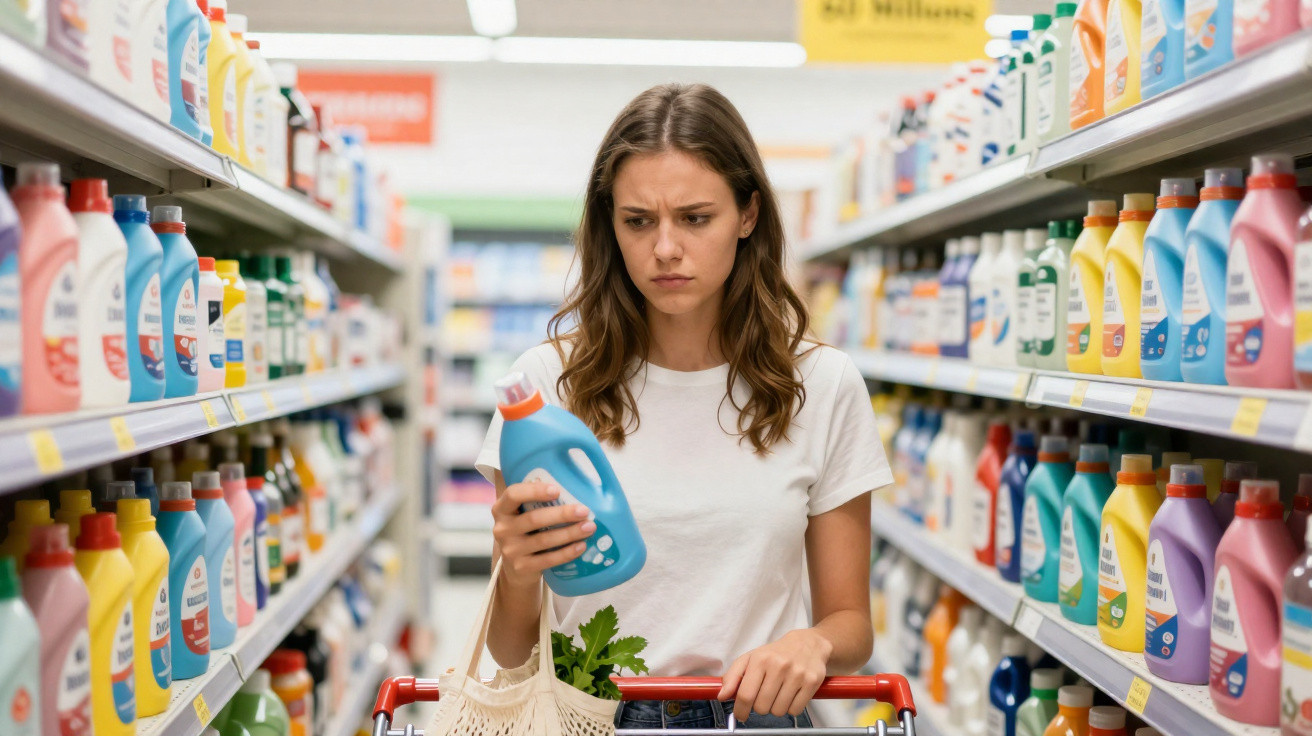 Mulher confusa segura detergente enquanto faz compras na secção de produtos de limpeza do supermercado.