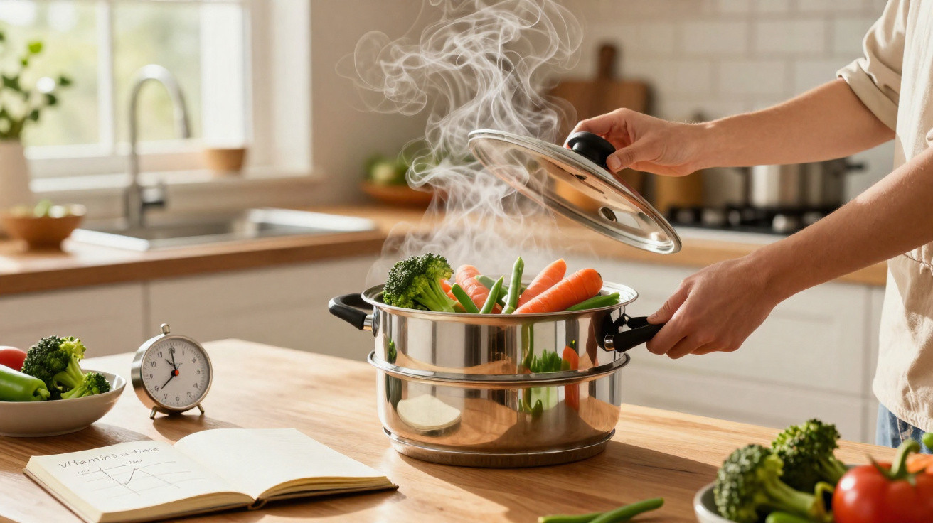 Pessoa a levantar tampa de panela a vapor com legumes frescos a cozinhar numa cozinha luminosa.