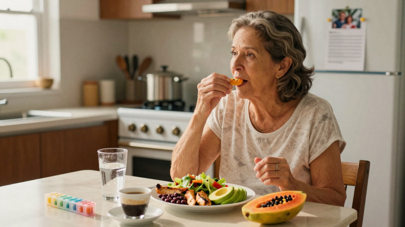 Mulher idosa a comer frutas e legumes saudáveis na cozinha, com café e água na mesa.