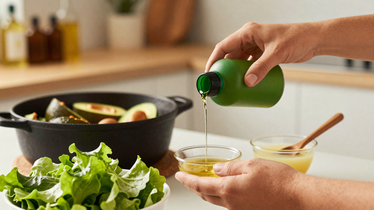 Pessoa a verter azeite de um frasco verde para um recipiente pequeno, com alface, abacate e tacho ao fundo.